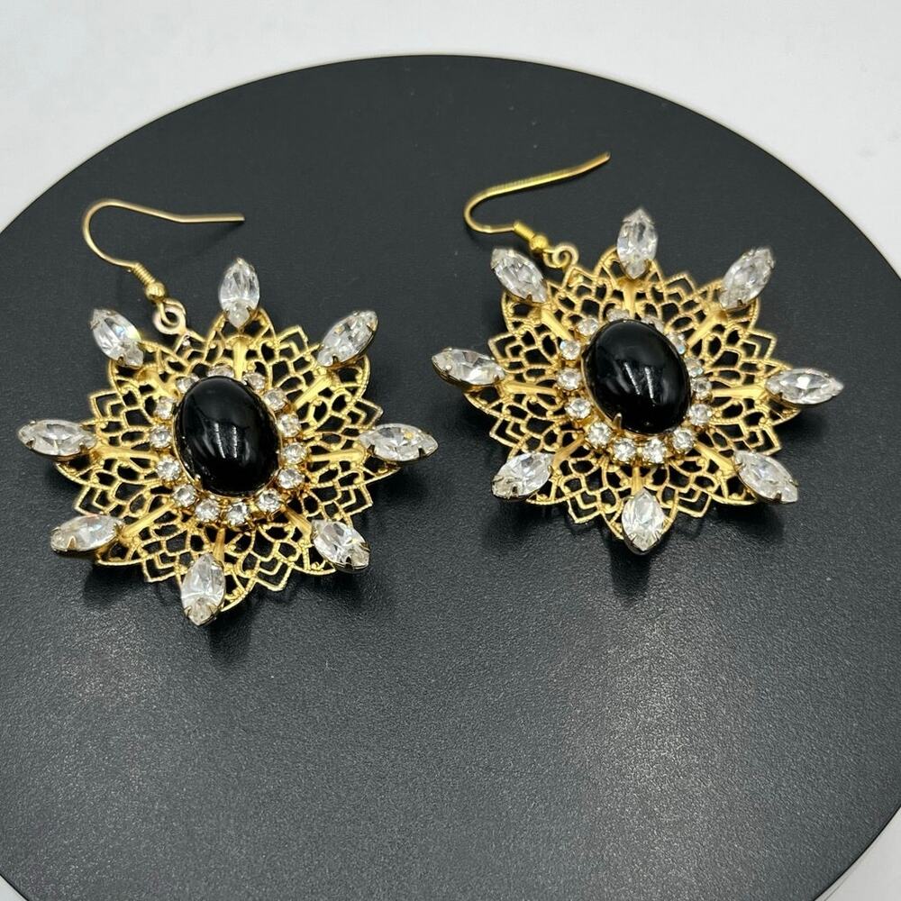 Kenneth Jay Lane Designer Signed Reworked Black Antique‎ Filgree Drop Earrings